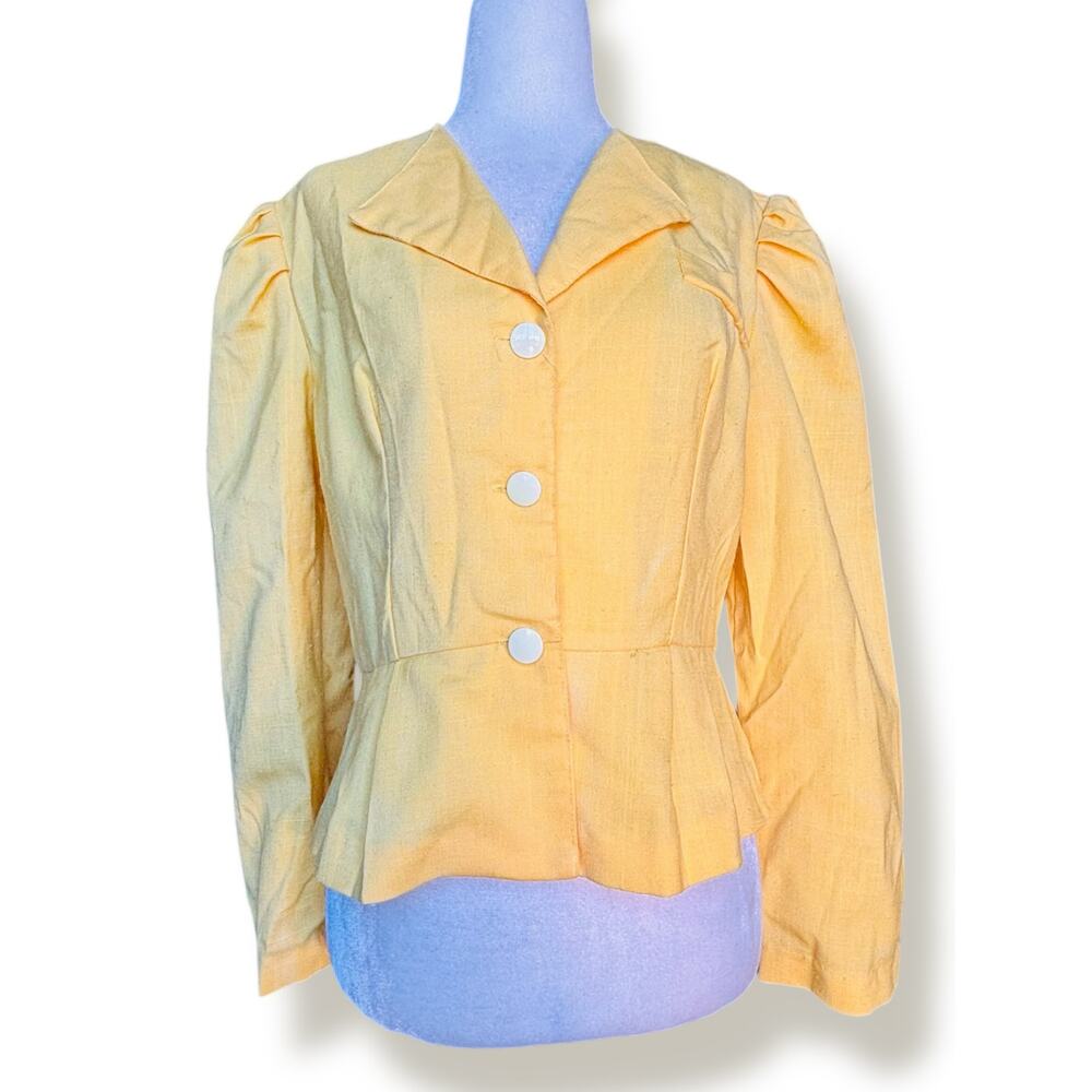 Vintage Yellow Linen Blend Puff Sleeve Blazer Jacket Size 12 Romantic Tailored
